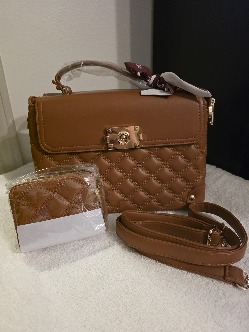Brown Quilted Top-Handle Bag. Matching Wallet, Twilly, and Crossbody Strap.